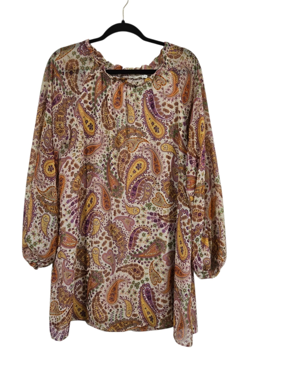 Lush Cream Paisley Long Sleeve Mini Tunic Chiffon Dress Lined S